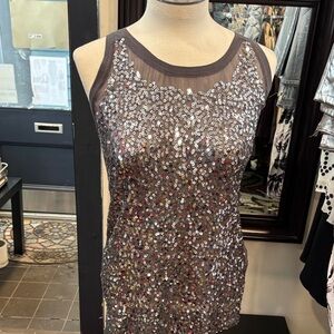 Armani Exchange Sequin Mesh Tank Top in Charcoal Silver